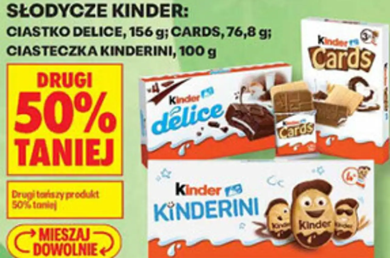 Słodycze Kinder: Ciastko Delice, 156 g; Cards, 76,8 g; Ciasteczka Kinderini, 100 g