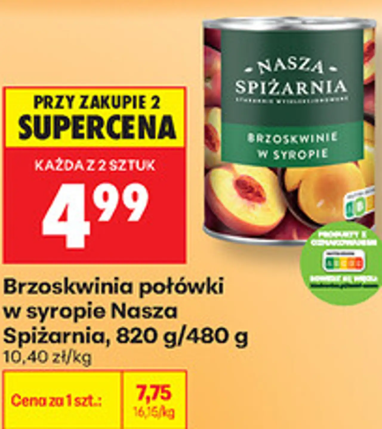 Brzoskwinie połówki w syropie Nasza Spiżarnia, 820 g/480 g