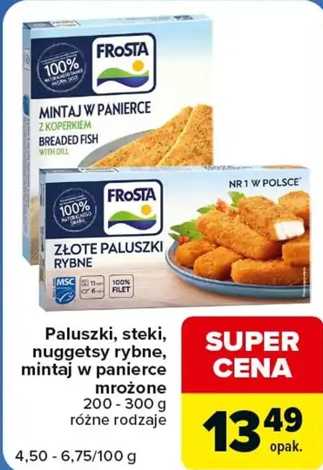 Paluszki, steki, nuggetsy rybne, mintaj w panierce mrożone Frosta