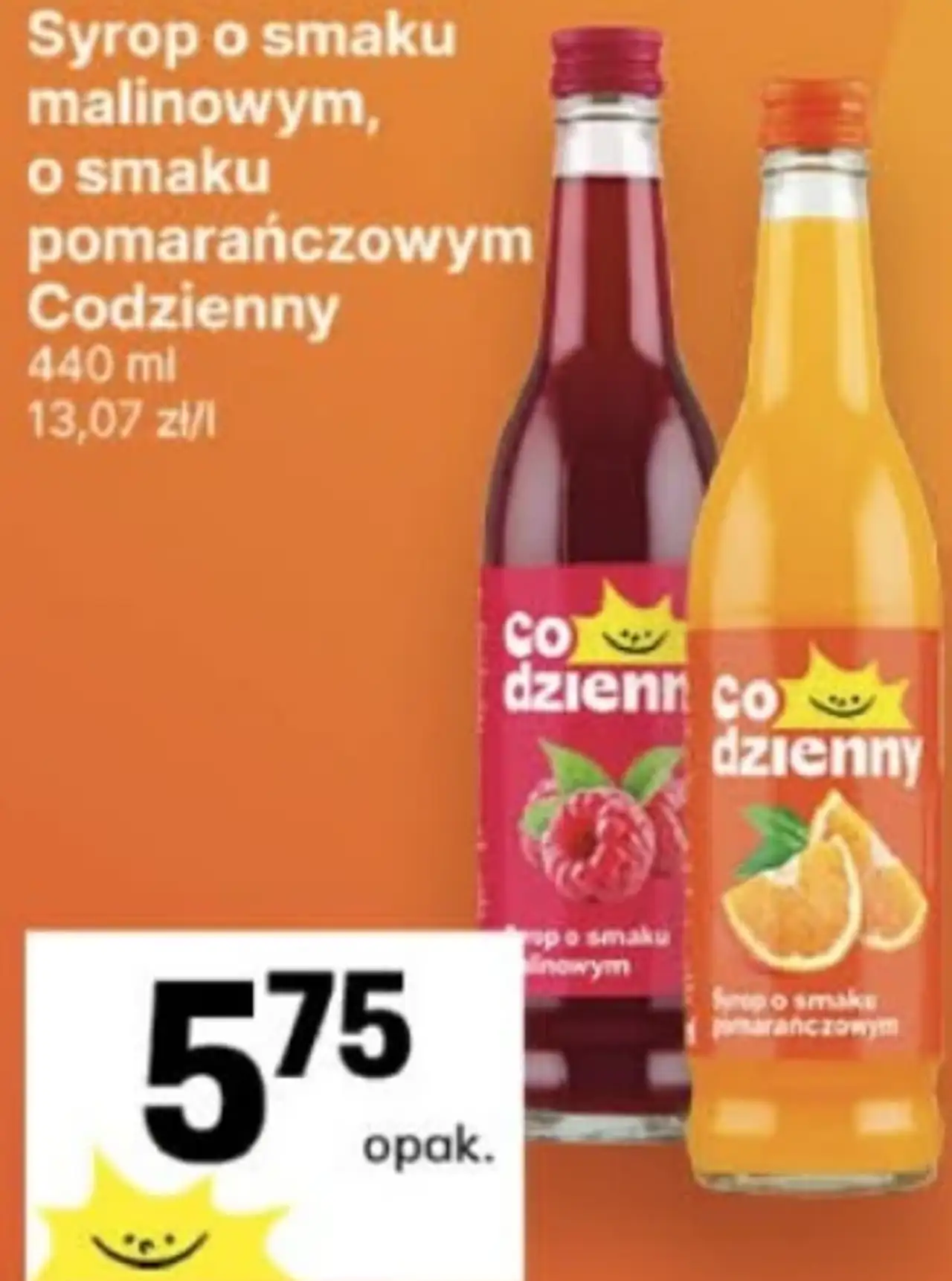 Syrop o smaku malinowym, o smaku pomarańczowym Codzienny 440 ml