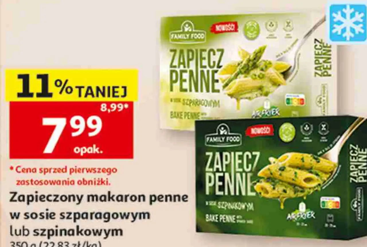 Family Food Zapieczony makaron penne w sosie szparagowym lub szpinakowym