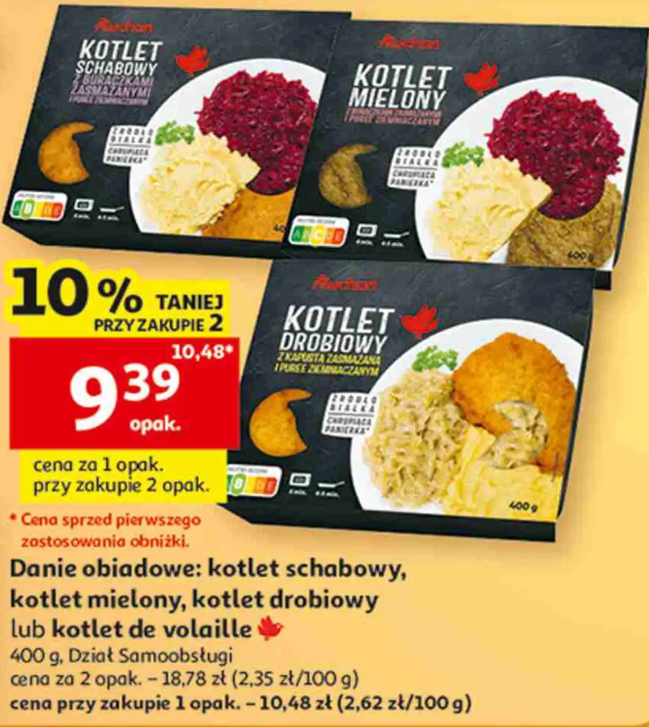 Danie obiadowe: kotlet schabowy, kotlet mielony, kotlet drobiowy lub kotlet de volaille