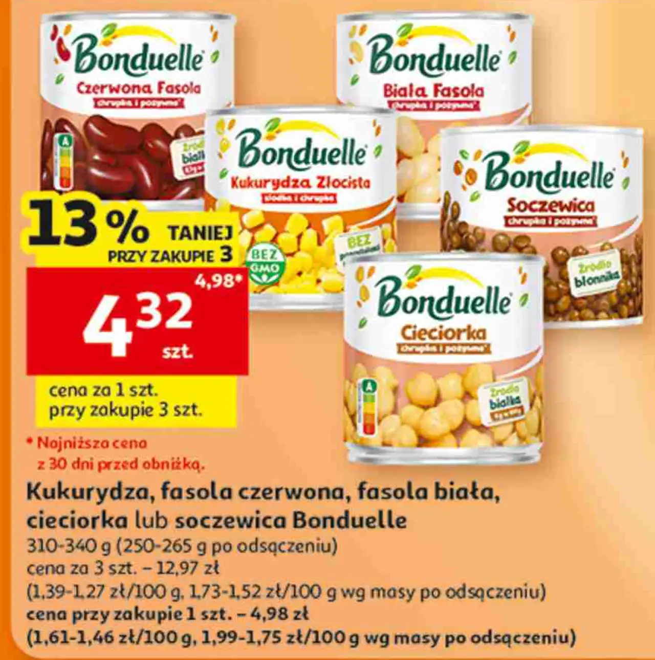Kukurydza, fasola czerwona, fasola biała, cieciorka lub soczewica Bonduelle