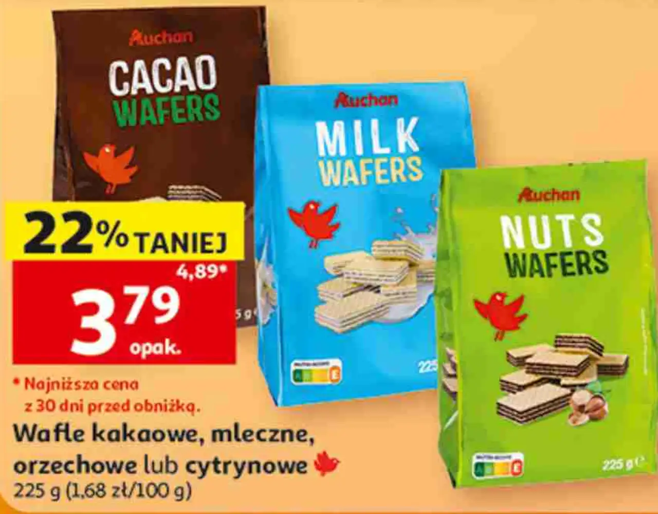 Wafle kakaowe, mleczne, orzechowe lub cytrynowe Auchan