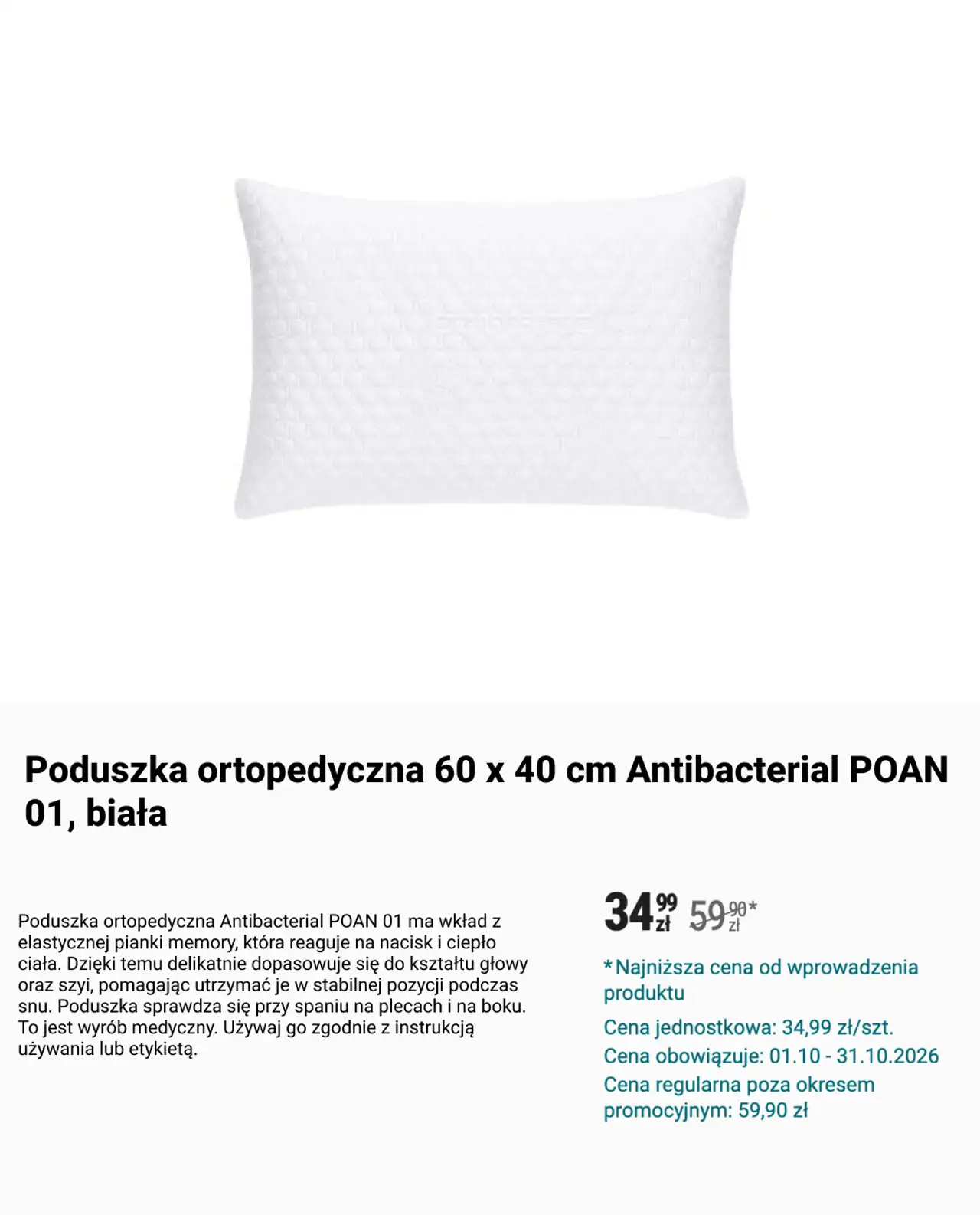Poduszka ortopedyczna 60 x 40 cm Antibacterial POAN 01