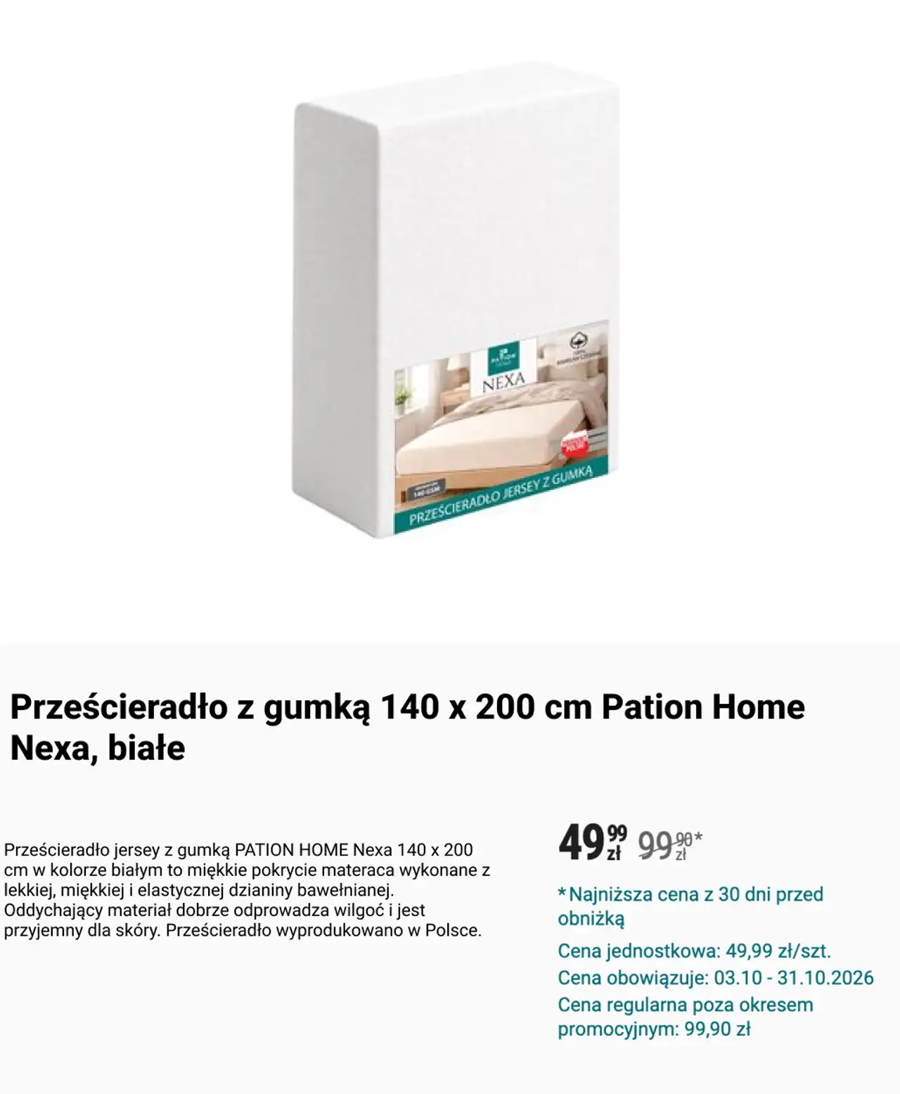 Prześcieradło z gumką 140 x 200 cm Pation Home Nexa, białe