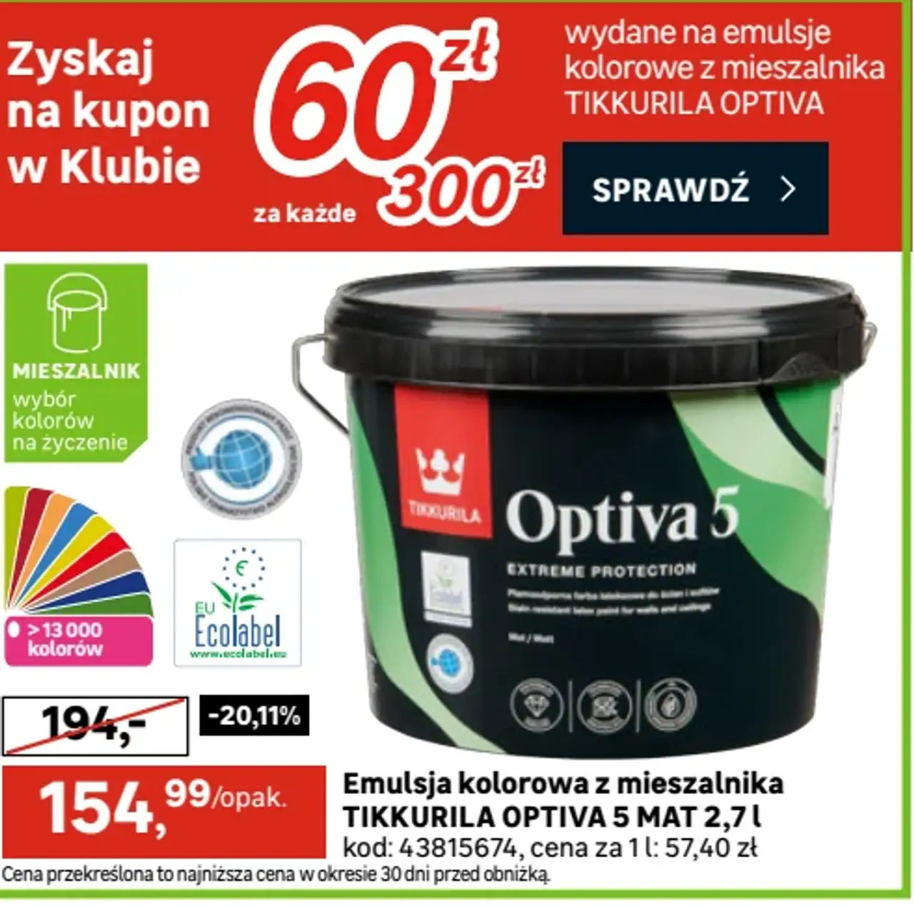 Emulsja kolorowa z mieszalnika TIKKURILA OPTIVA 5 MAT 2,7 l