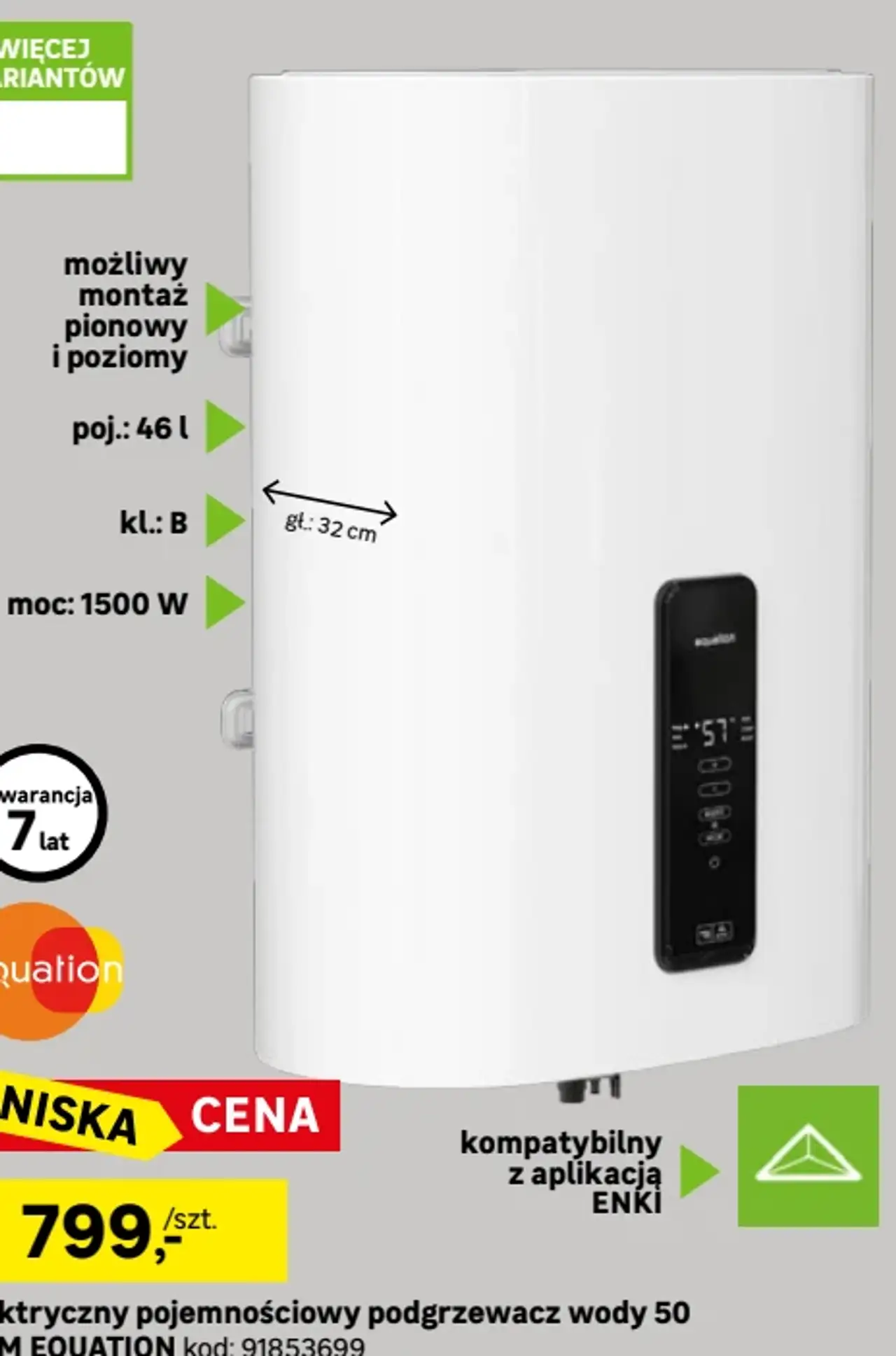 Elektryczny pojemnościowy podgrzewacz wody 50 SLIM EQUATION