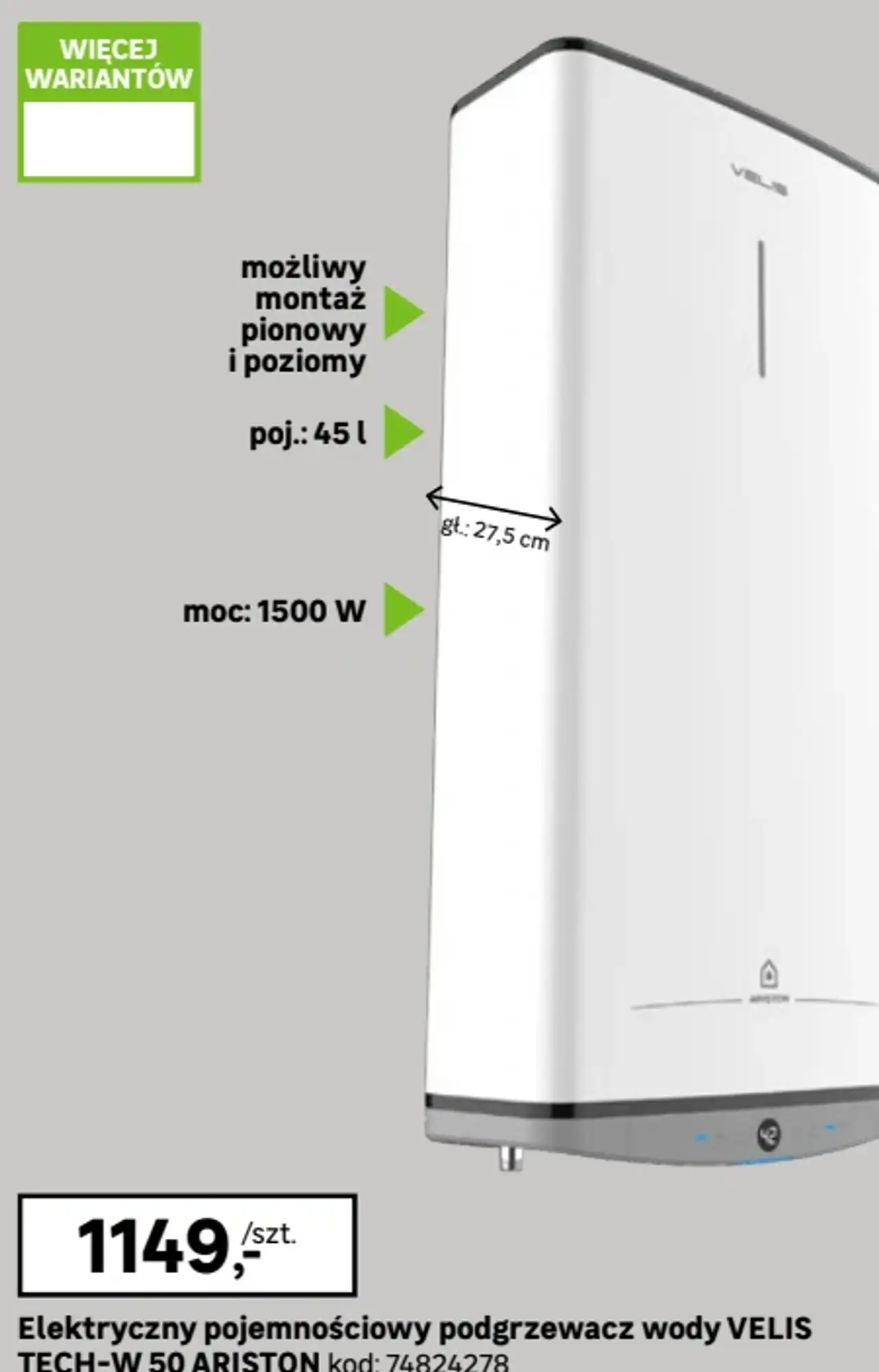 Elektryczny pojemnościowy podgrzewacz wody VELIS TECH-W 50 ARISTON