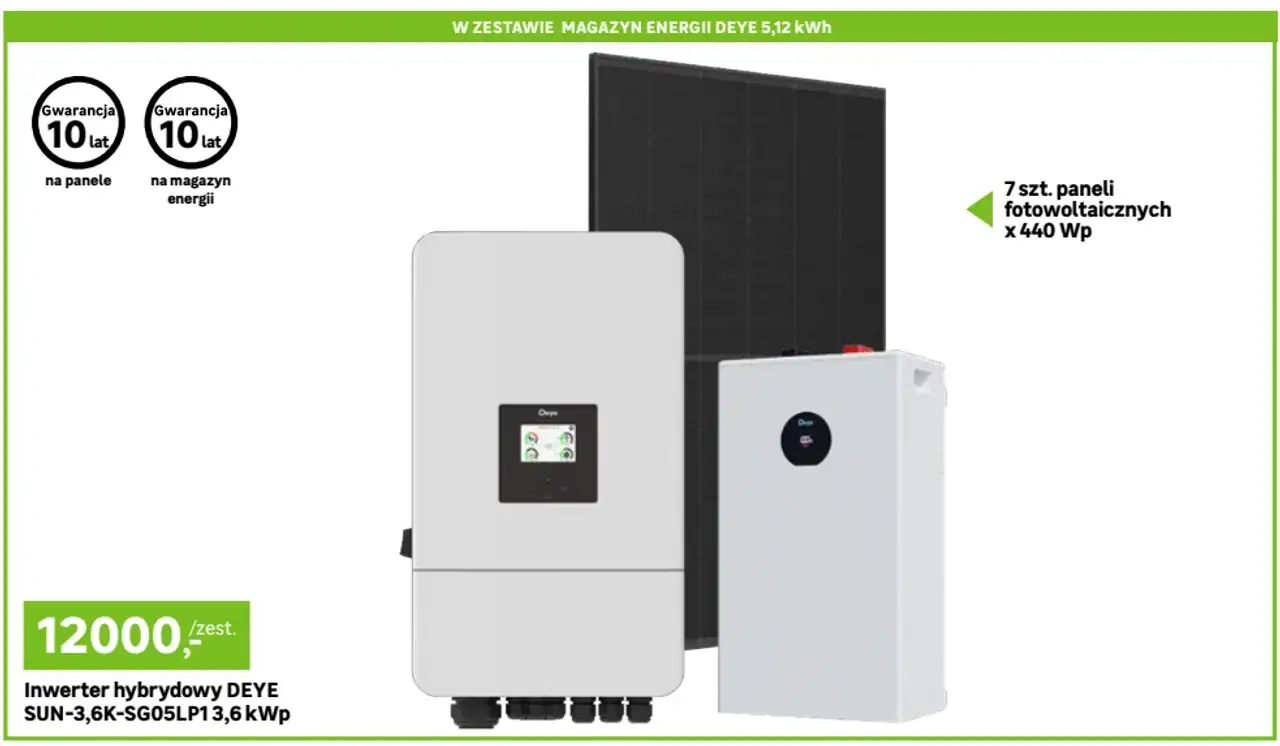 Kompletny zestaw fotowoltaiczny DEYE (Inwerter hybrydowy SUN-3,6K-SG05LP13,6 kWp, 7 szt. paneli fotowoltaicznych x 440 Wp, magazyn energii DEYE 5,12 kWh)