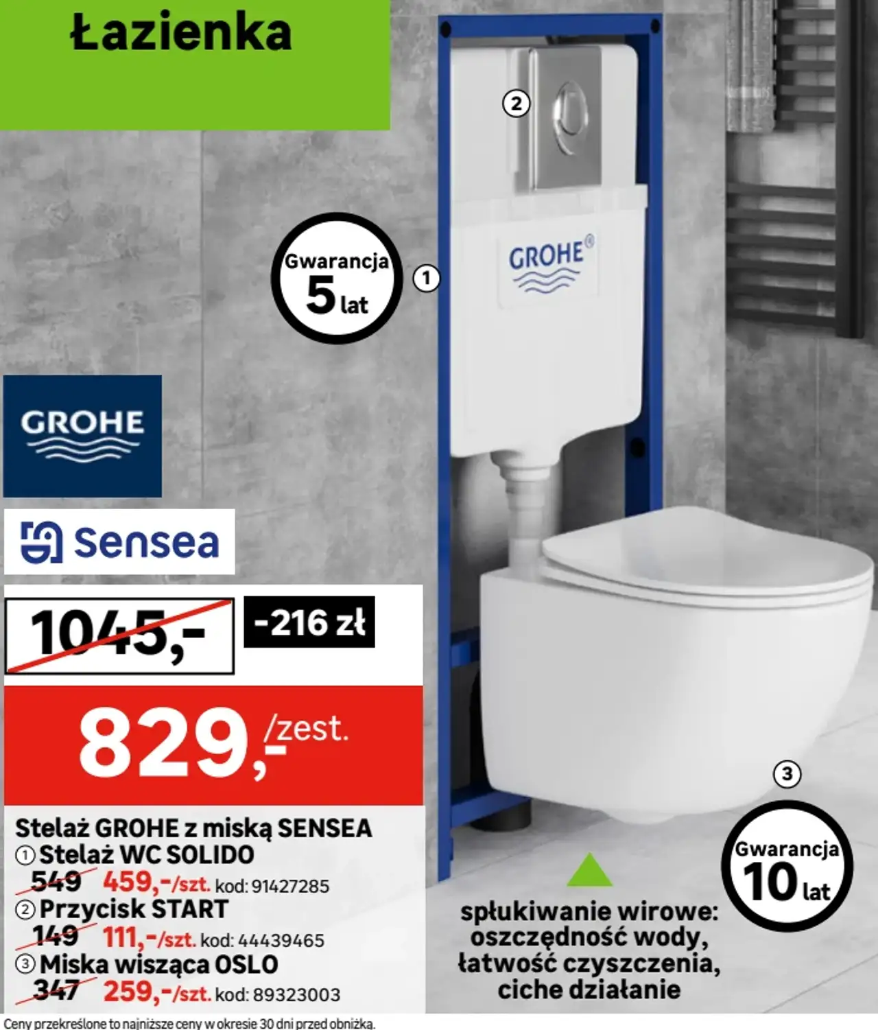 Stelaż GROHE z miską SENSEA (Stelaż WC SOLIDO, Przycisk START, Miska wisząca OSLO)