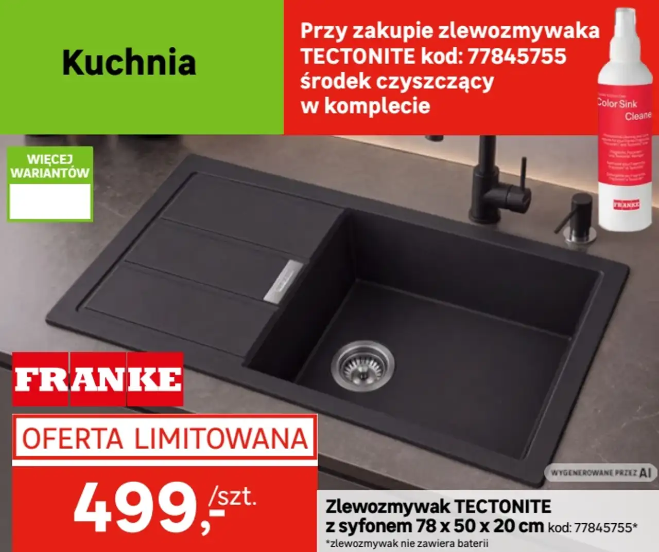 Zlewozmywak TECTONITE z syfonem 78 x 50 x 20 cm Franke