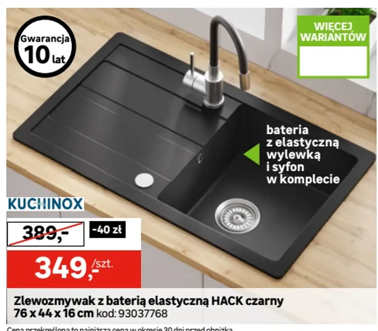 Zlewozmywak z baterią elastyczną HACK czarny Kuchinox 76 x 44 x 16 cm