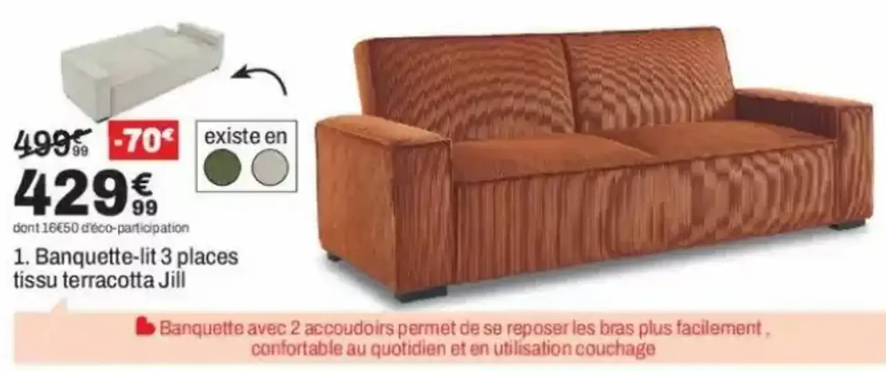 1. Banquette-lit 3 places tissu terracotta Jill