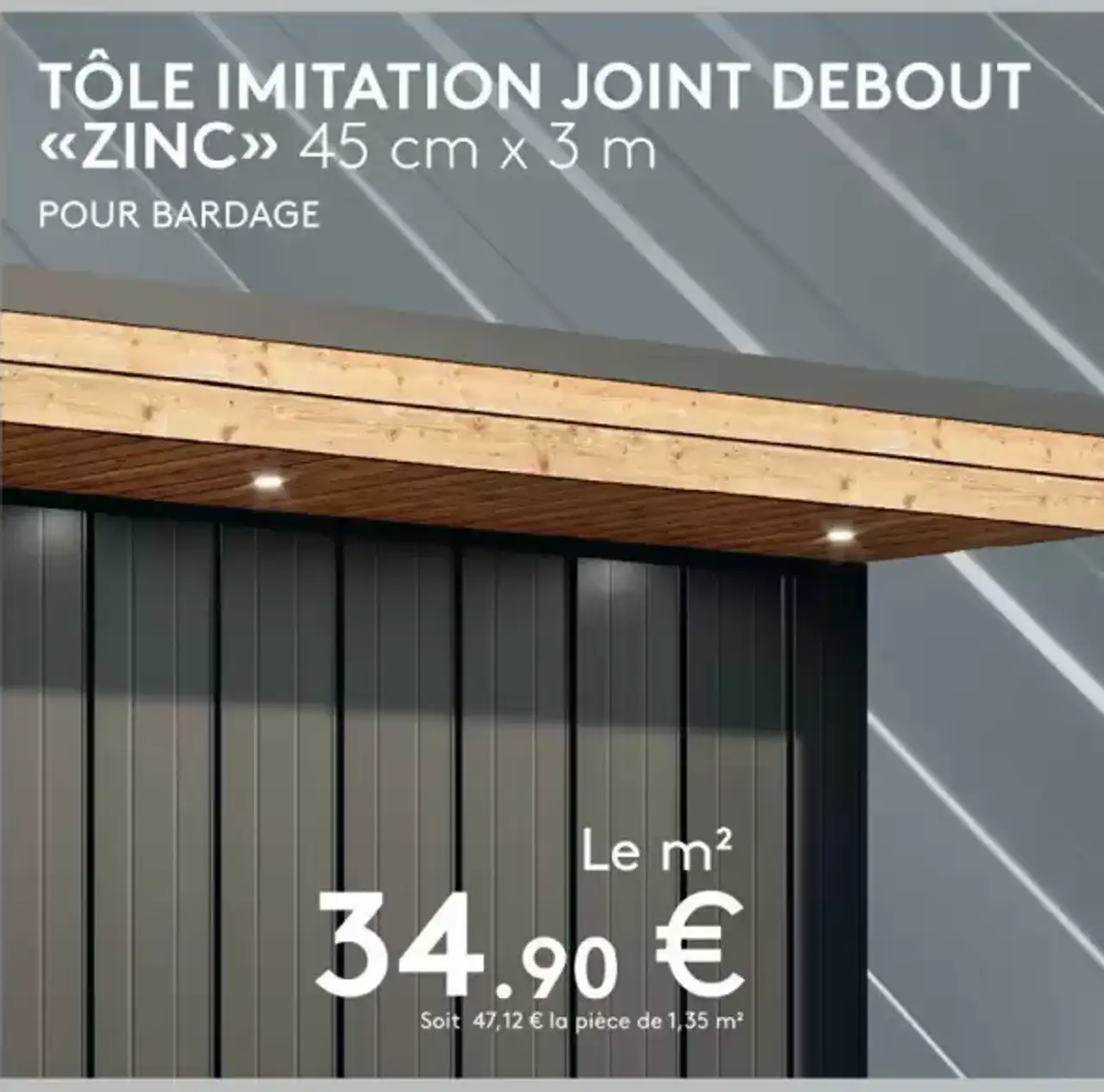 TÔLE IMITATION JOINT DEBOUT «ZINC» 45 cm x 3 m POUR BARDAGE BACACIER By Kingspan
