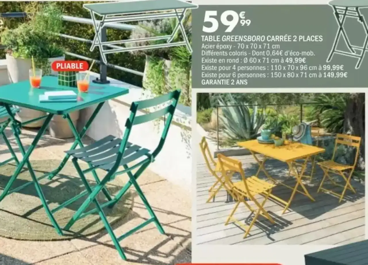 TABLE GREENSBORO CARRÉE 2 PLACES Hespéride