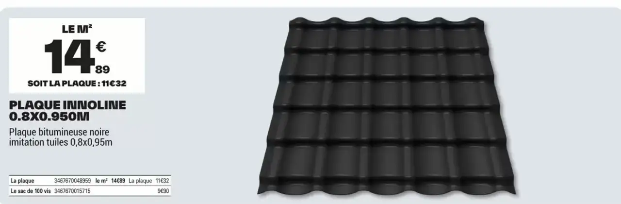 PLAQUE INNOLINE 0.8X0.950M Plaque bitumineuse noire imitation tuiles 0,8x0,95m