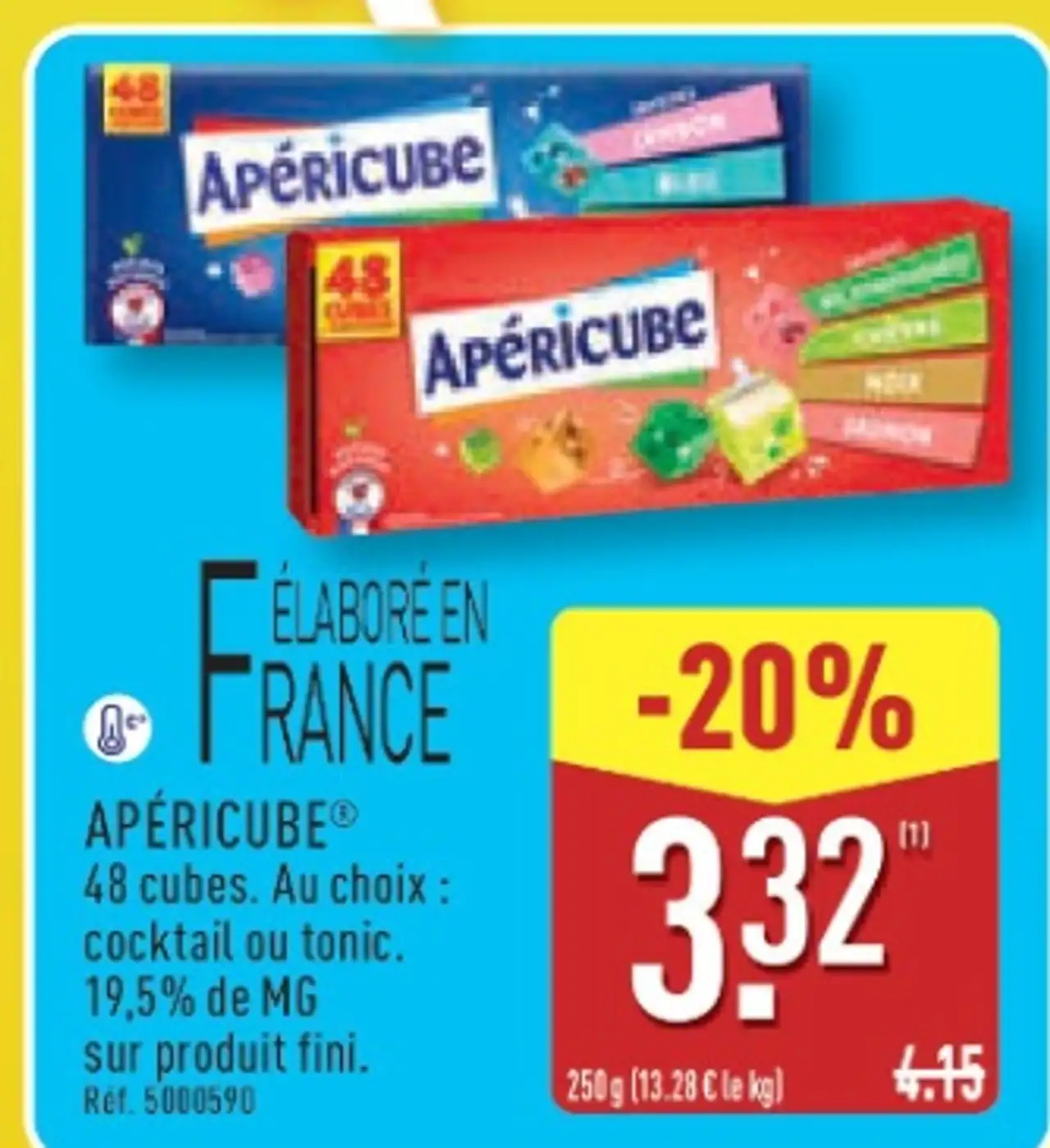 APÉRICUBE® 48 cubes. Au choix: cocktail ou tonic. 19.5% de MG sur produit fini.