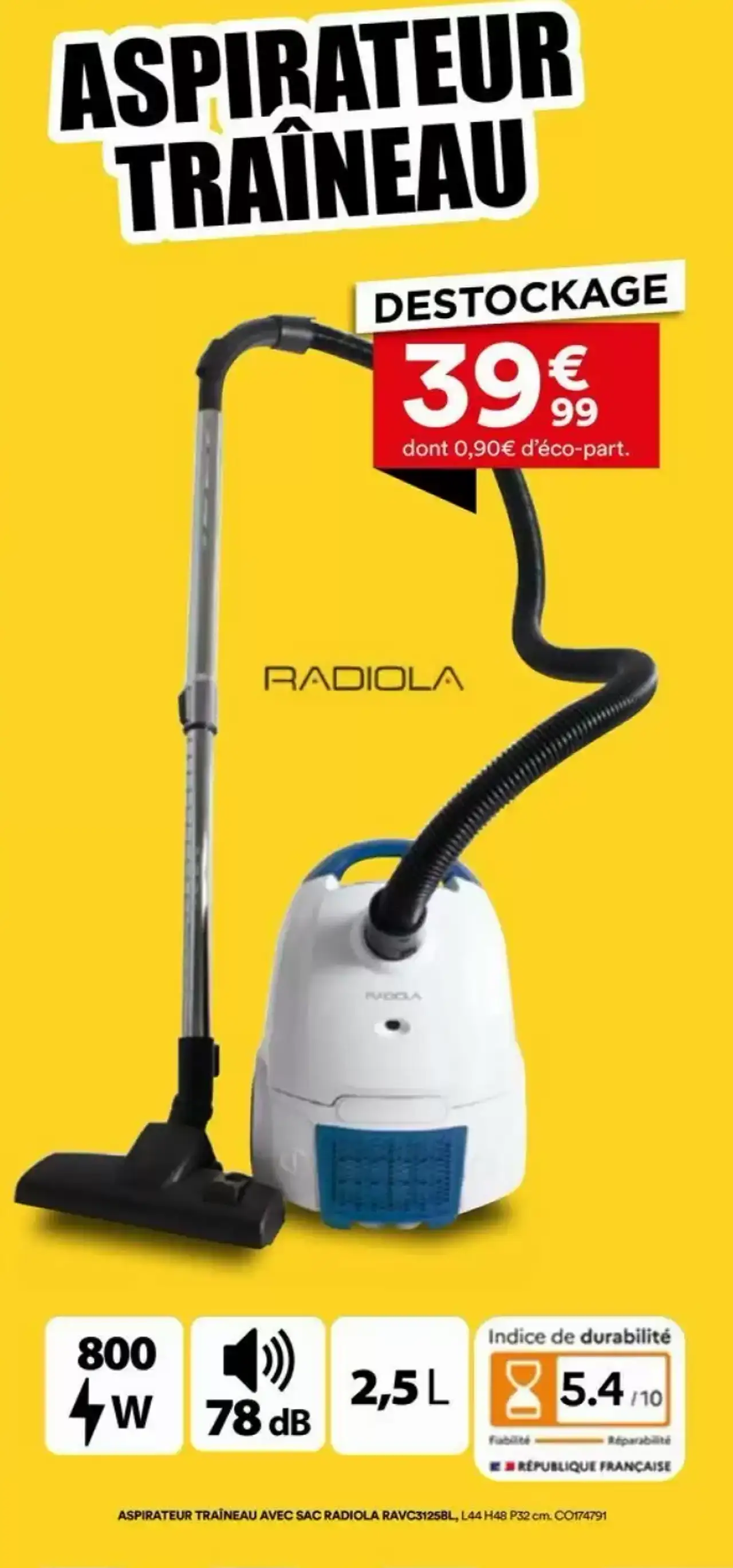ASPIRATEUR TRAÎNEAU AVEC SAC RADIOLA RAVC3125BL