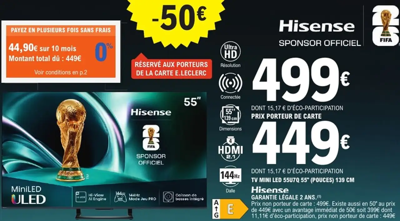 TV MINI LED 55U7Q 55" (POUCES) 139 CM Hisense