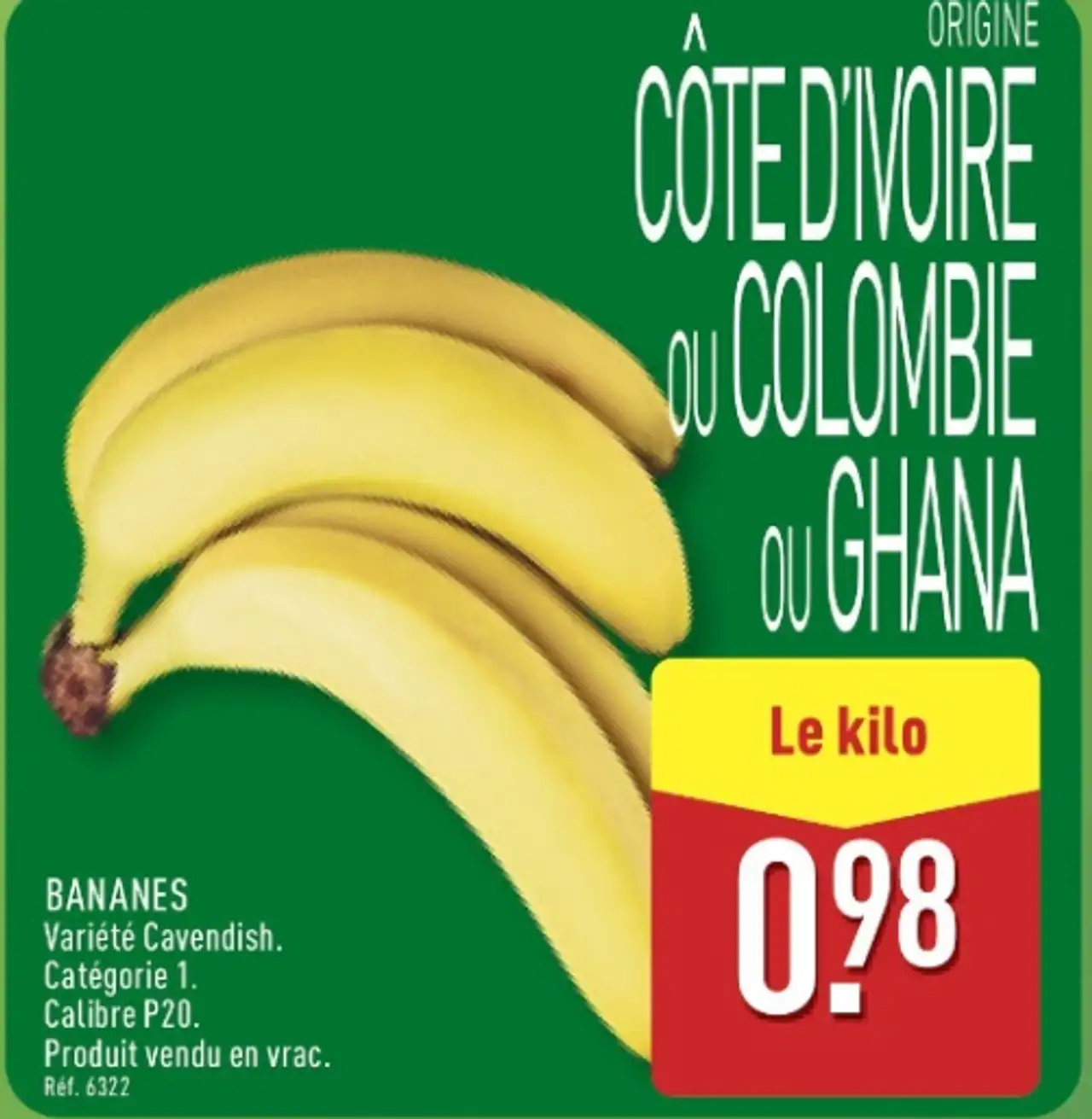 BANANES Variété Cavendish. Catégorie 1. Calibre P20. Produit vendu en vrac.