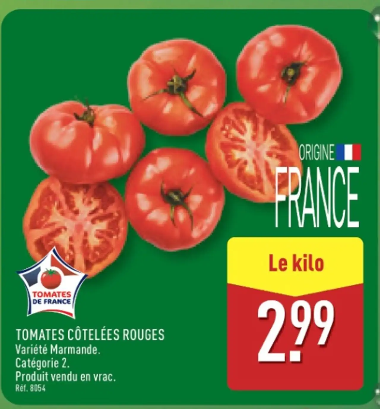 TOMATES CÔTELÉES ROUGES Variété Marmande. Catégorie 2. Produit vendu en vrac.