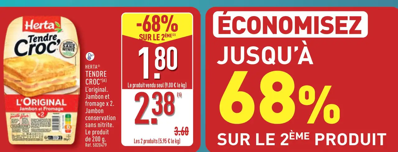 HERTA® TENDRE CROC'(A) L'original. Jambon et fromage x 2.
