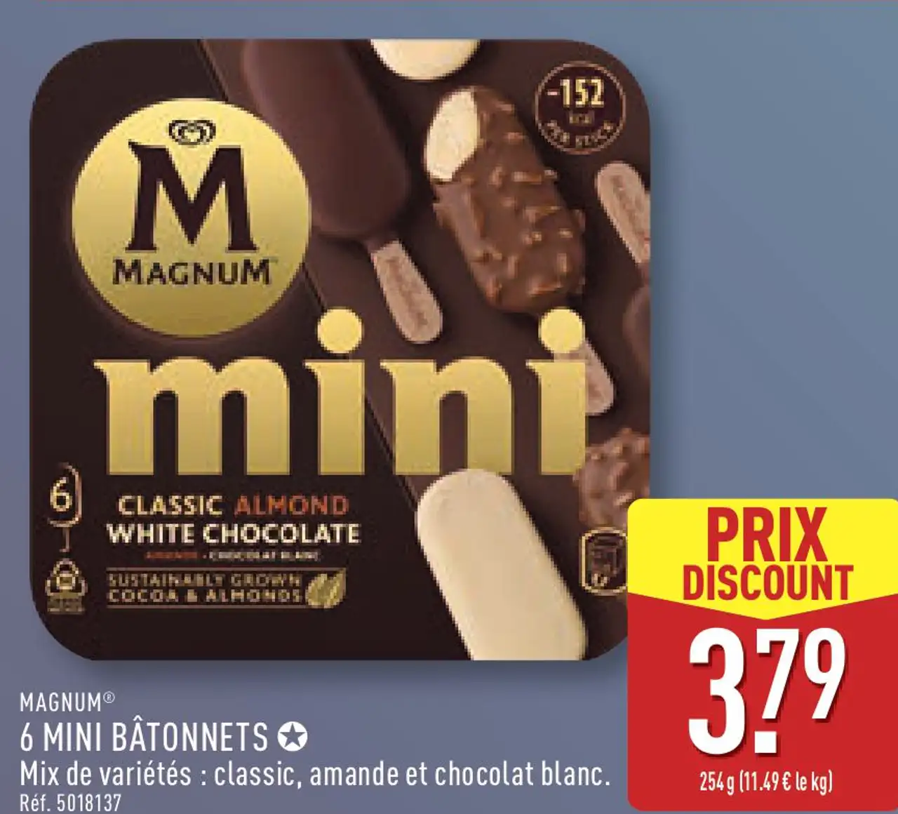 MAGNUM® 6 MINI BÂTONNETS Mix de variétés : classic, amande et chocolat blanc.