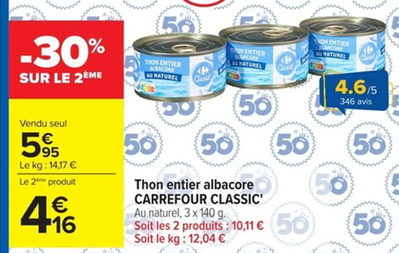 Thon entier albacore CARREFOUR CLASSIC' Au naturel, 3 x 140 g .