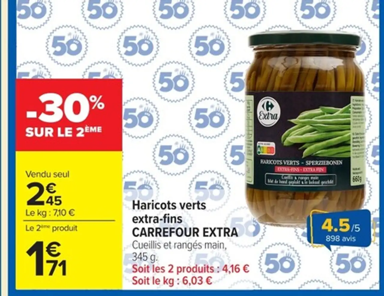 Haricots verts extra-fins CARREFOUR EXTRA Cueillis et rangés main, 345 g.