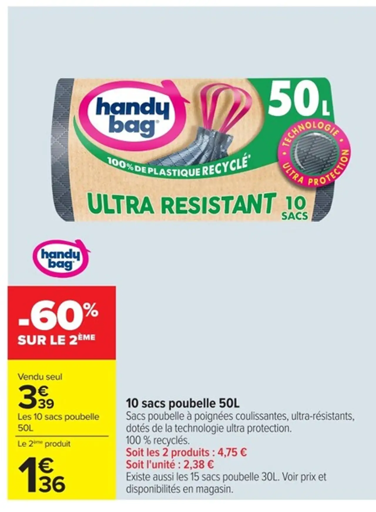 10 sacs poubelle 50L handy bag