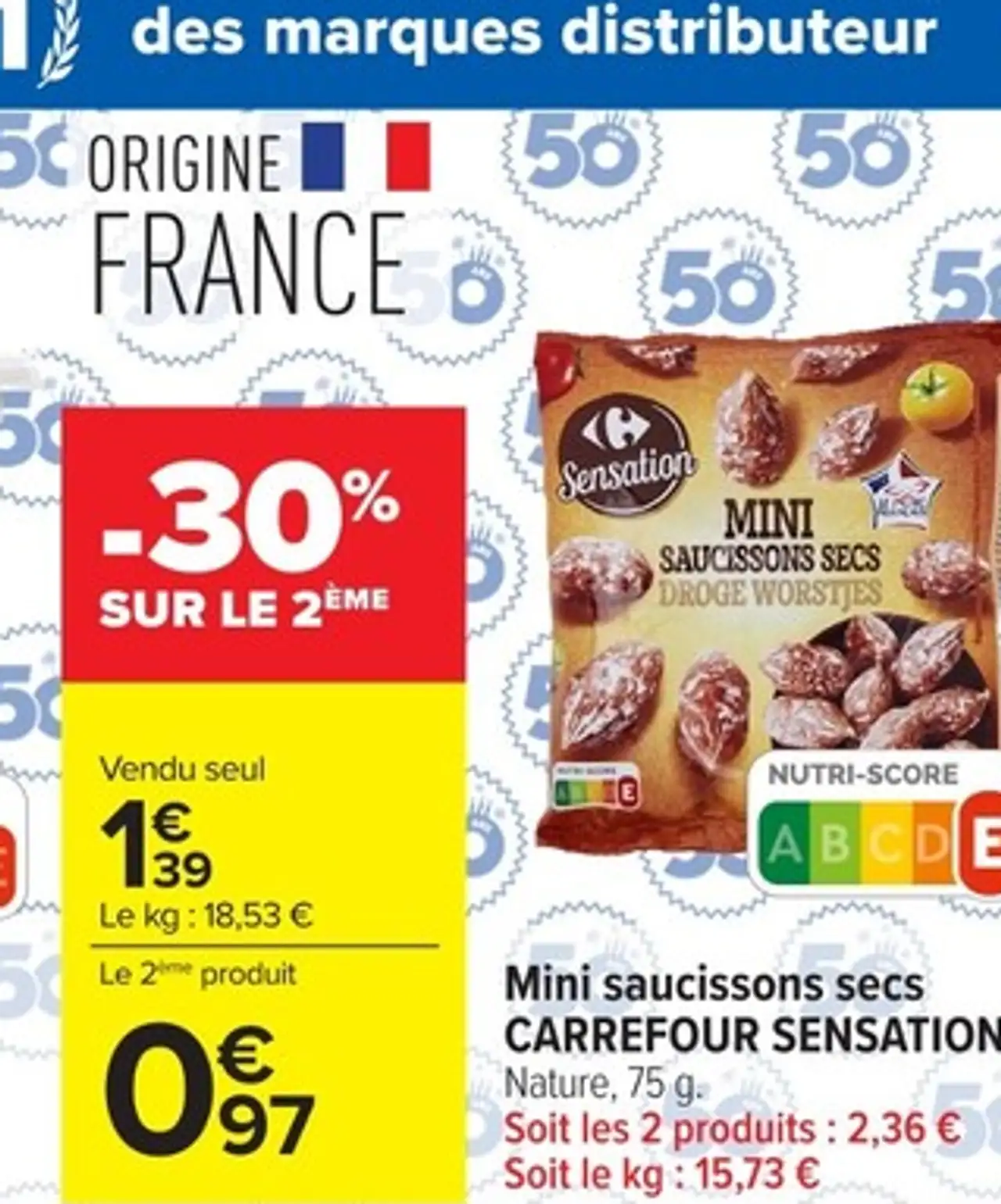 Mini saucissons secs CARREFOUR SENSATION nature, 75 g .