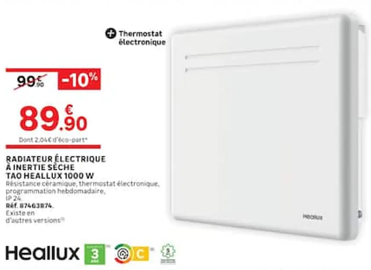 RADIATEUR ÉLECTRIQUE À INERTIE SÈCHE TAO HEALLUX 1000 W