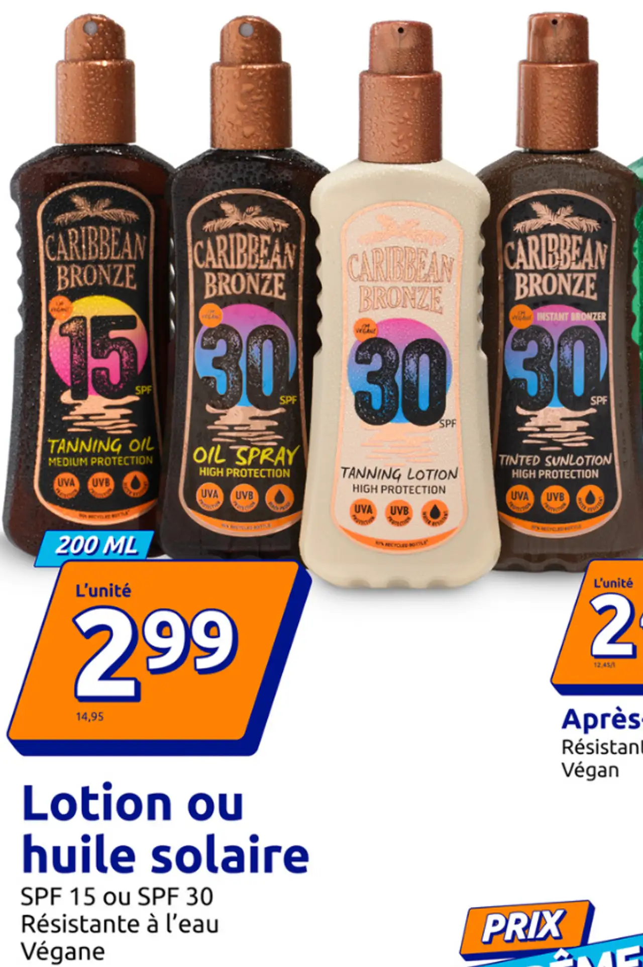 Caribbean Bronze Lotion ou huile solaire SPF 15 ou SPF 30 Résistante à l'eau Végane