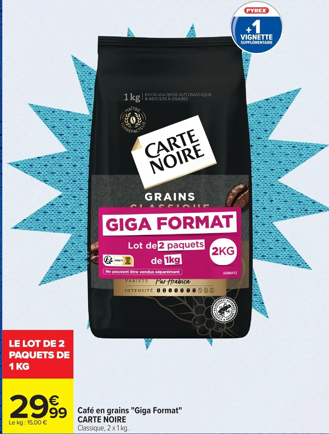 Café en grains "Giga Format" CARTE NOIRE Classique, 2 x 1 kg.