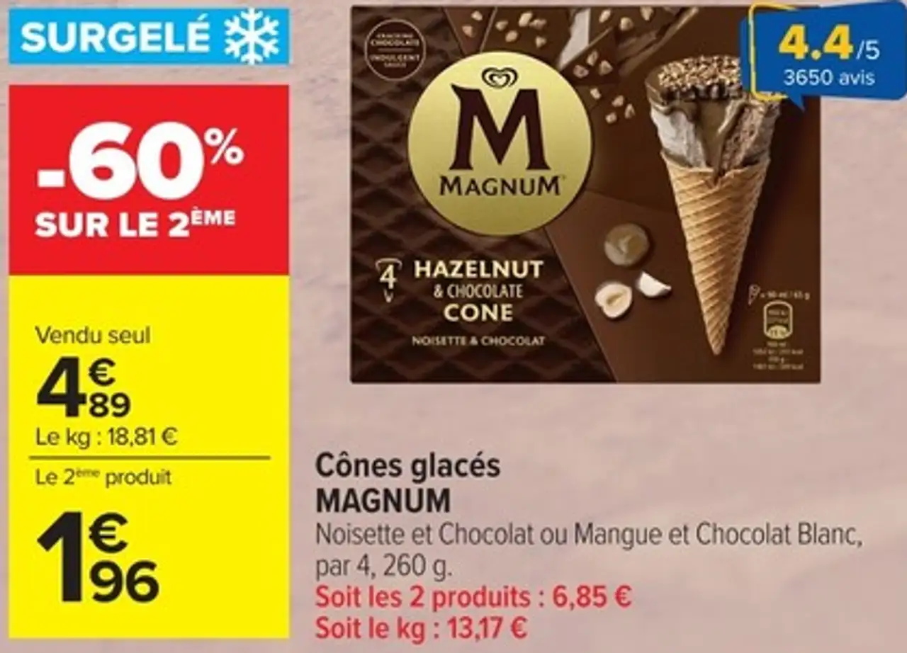 Cônes glacés MAGNUM Noisette et Chocolat ou Mangue et Chocolat Blanc