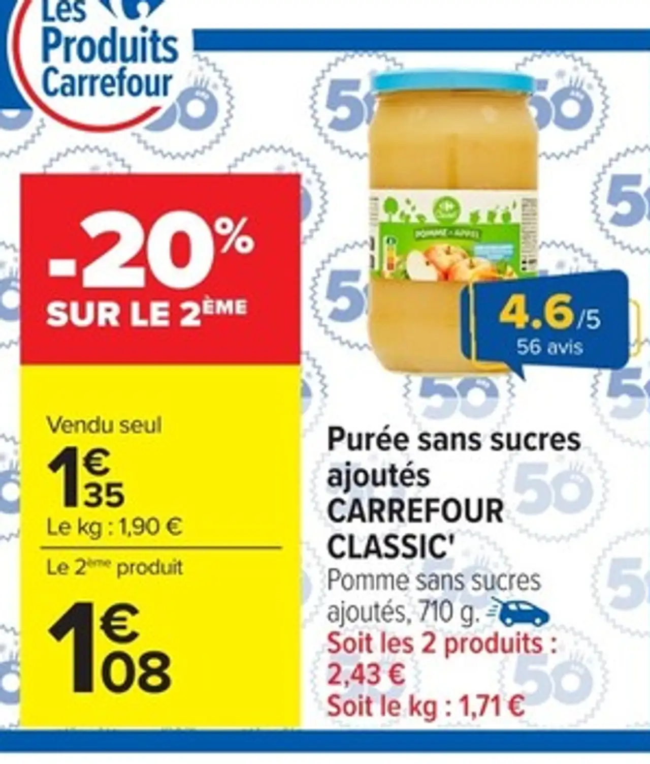 Purée sans sucres ajoutés CARREFOUR CLASSIC' Pomme sans sucres ajoutés, 710 g