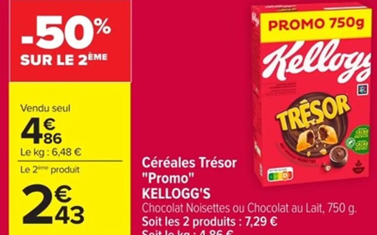 Céréales Trésor "Promo" KELLOGG'S Chocolat Noisettes ou Chocolat au Lait, 750 g.