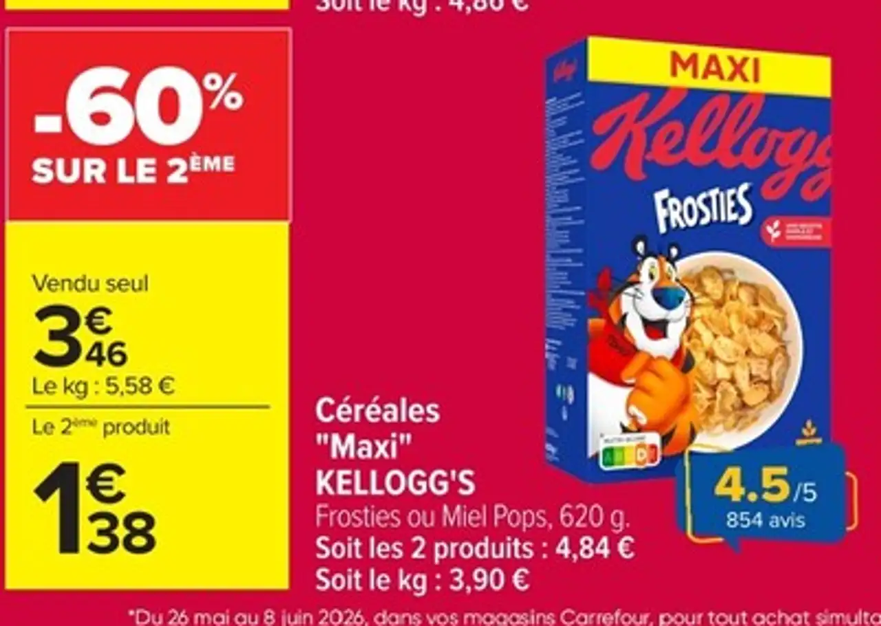 Céréales "Maxi" KELLOGG'S Frosties ou Miel Pops, 620 g.