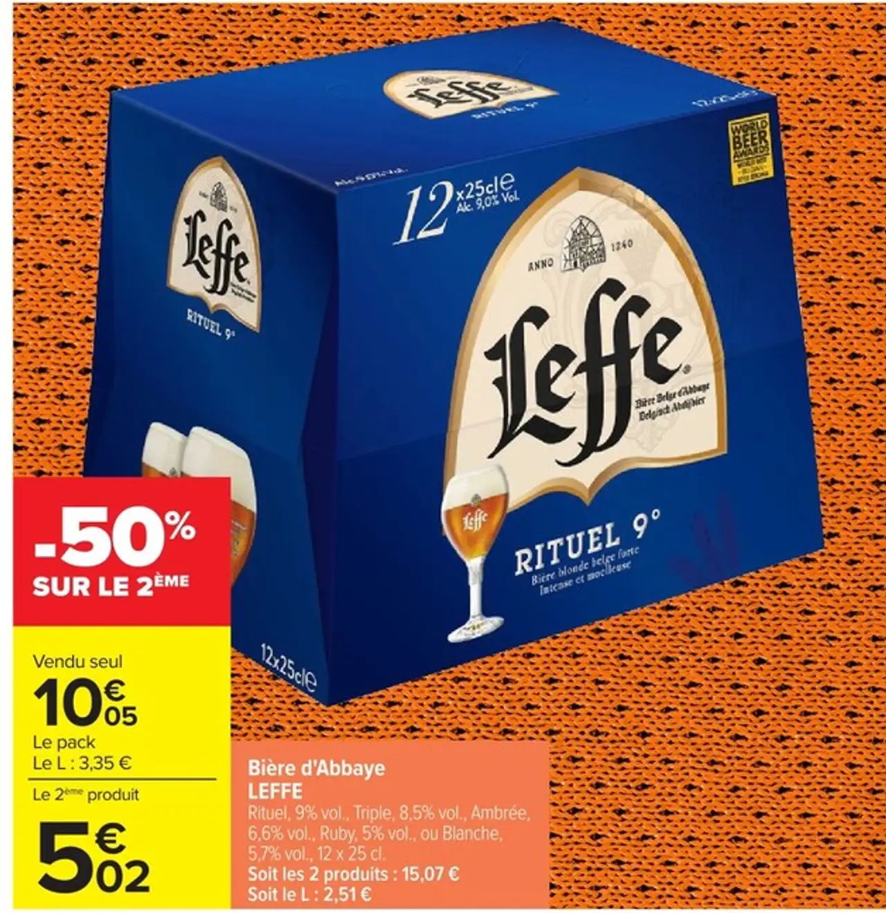 Bière d'Abbaye LEFFE Rituel, 9% vol . , Triple , 8,5 % vol . , Ambrée , 6,6% vol . , Ruby , 5 % vol . , ou Blanche , 5,7 % vol . , 12 x 25 cl .