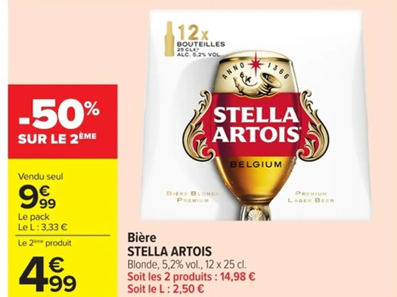 Bière STELLA ARTOIS Blonde , 5,2 % vol . , 12 x 25 cl .