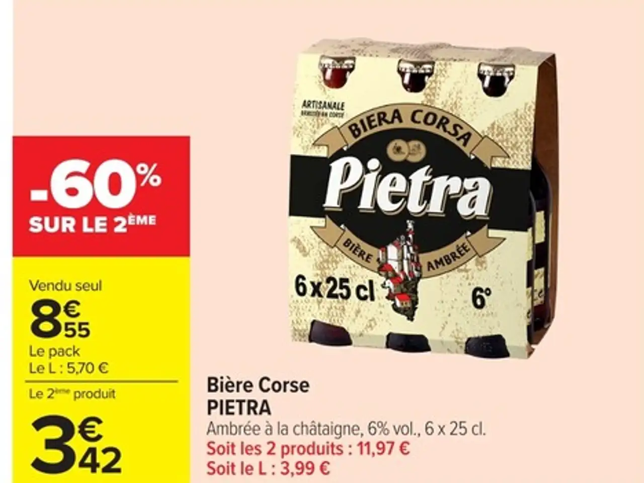 Bière Corse PIETRA Ambrée à la châtaigne , 6 % vol . , 6 x 25 cl .