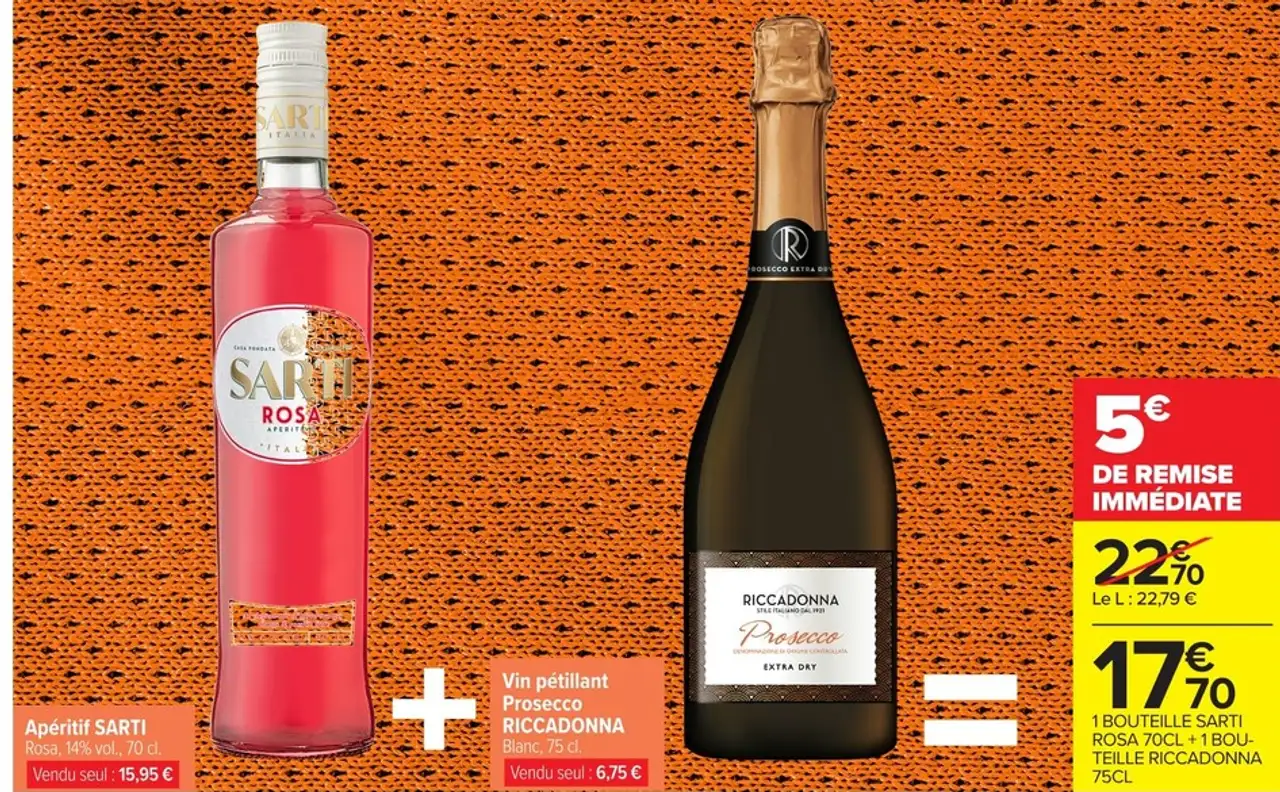 Apéritif SARTI Rosa, 14 % vol., 70 cl + Vin pétillant Prosecco RICCADONNA Blanc, 75 cl