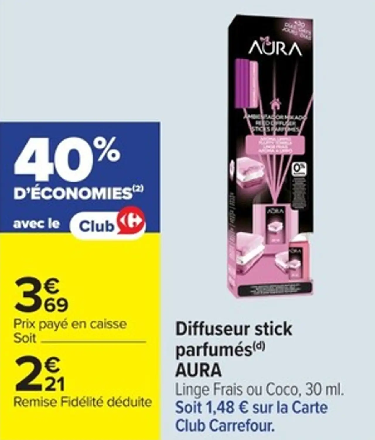 Diffuseur stick parfumés AURA Linge Frais ou Coco, 30 ml.