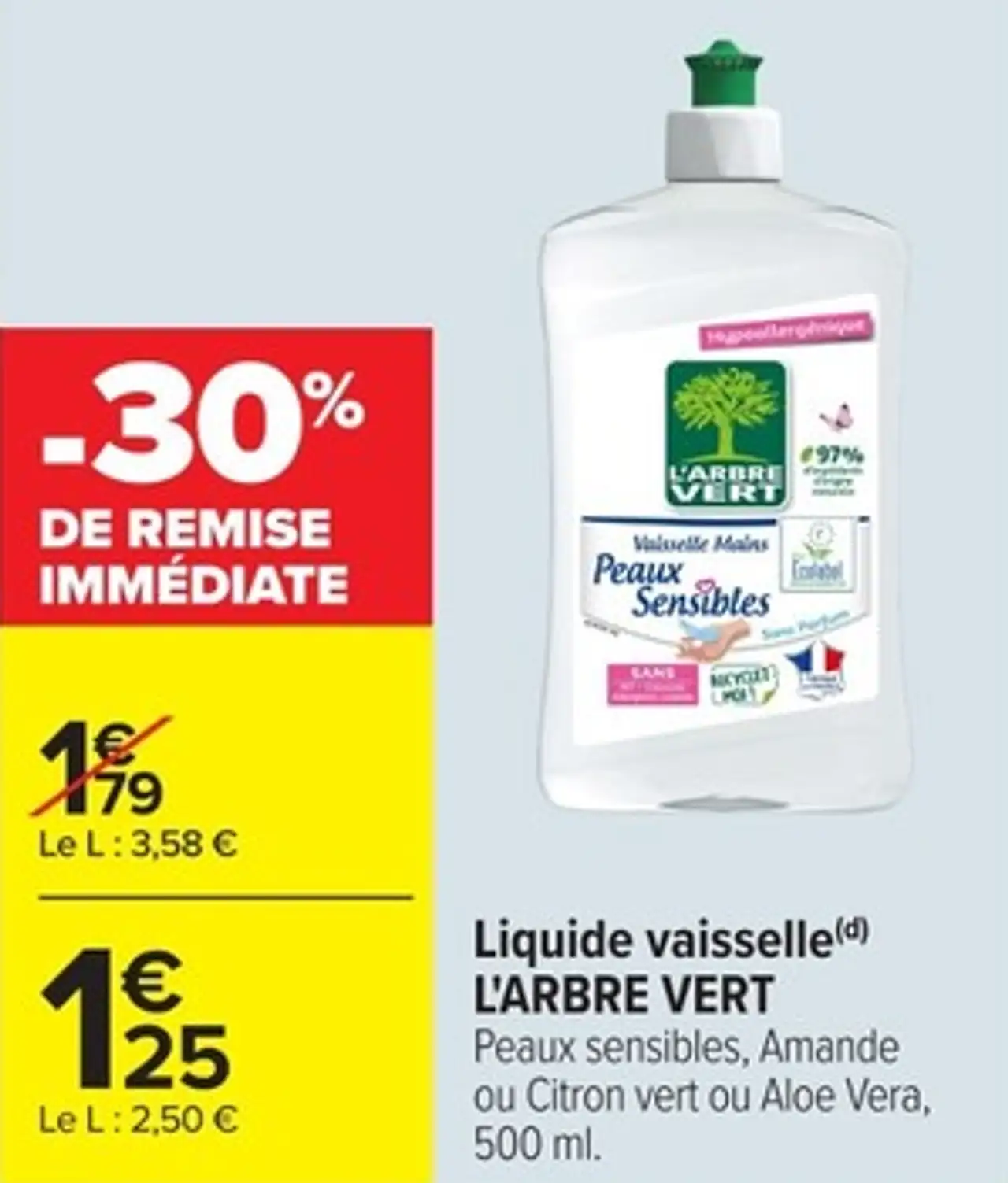 Liquide vaisselle L'ARBRE VERT Peaux sensibles, Amande ou Citron vert ou Aloe Vera, 500 ml.