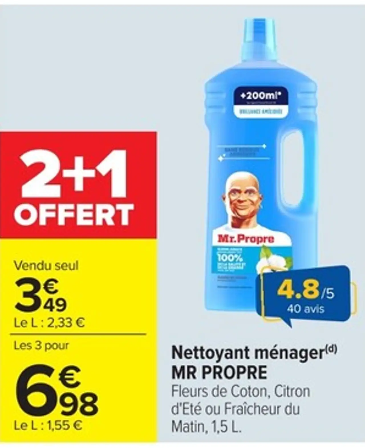 Nettoyant ménager MR PROPRE Fleurs de Coton, Citron d'Eté ou Fraîcheur du Matin, 1,5 L.