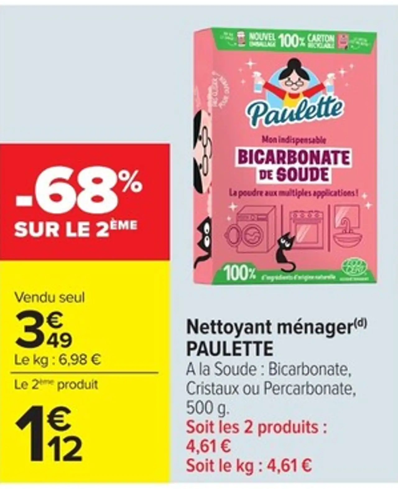 Nettoyant ménager PAULETTE A la Soude : Bicarbonate, Cristaux ou Percarbonate, 500 g.