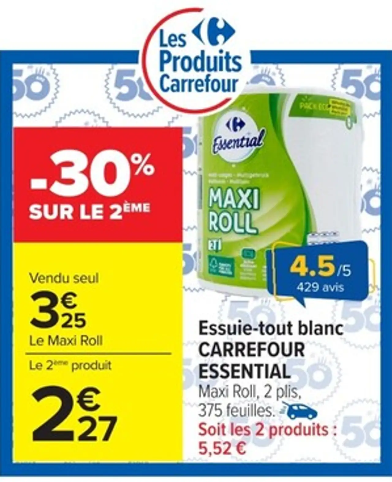 Essuie-tout blanc CARREFOUR ESSENTIAL Maxi Roll, 2 plis, 375 feuilles.