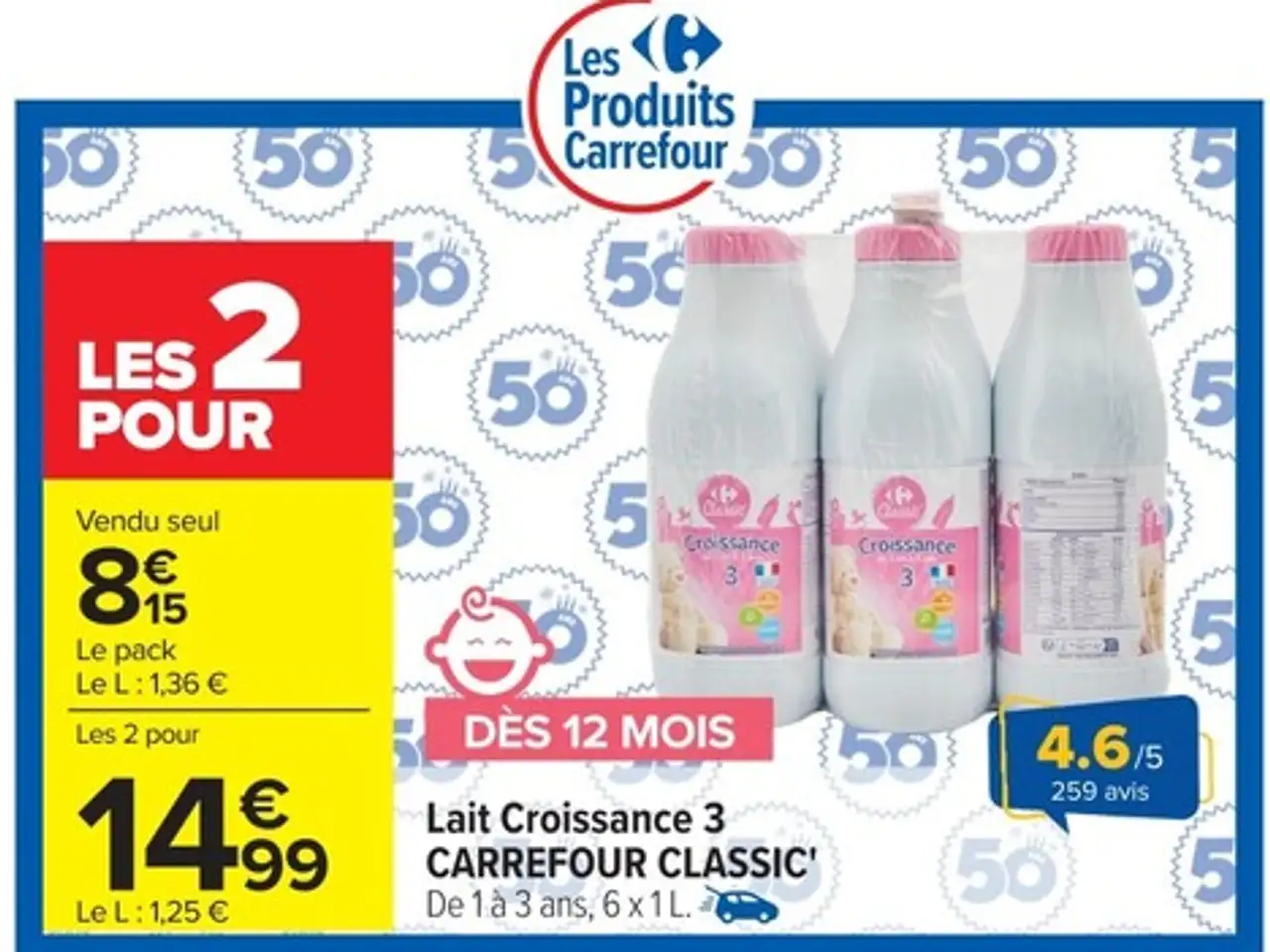 Lait Croissance 3 CARREFOUR CLASSIC' De 1 à 3 ans, 6 x 1L.