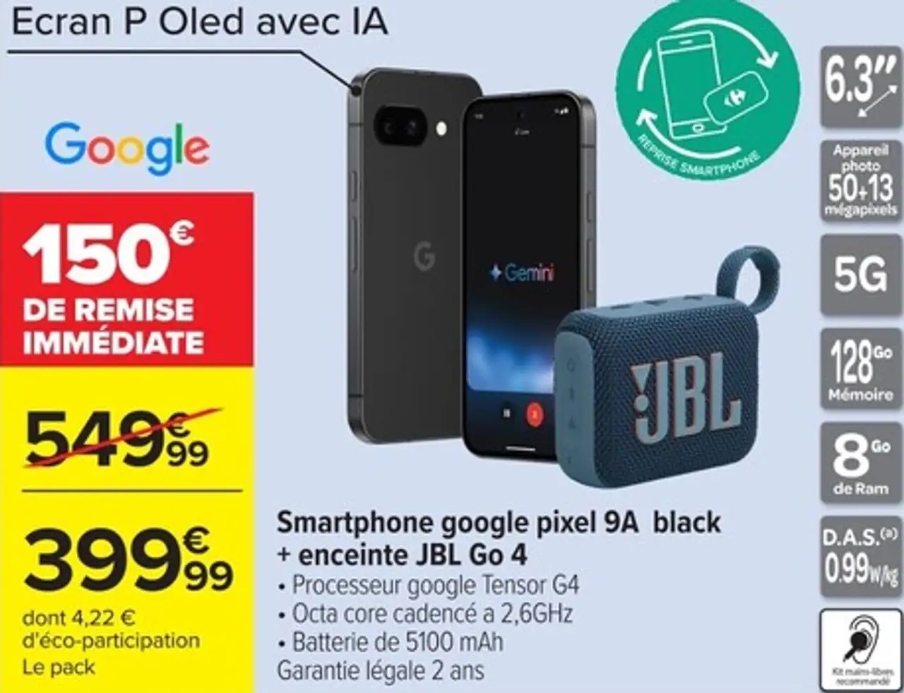 Smartphone google pixel 9A black + enceinte JBL Go 4